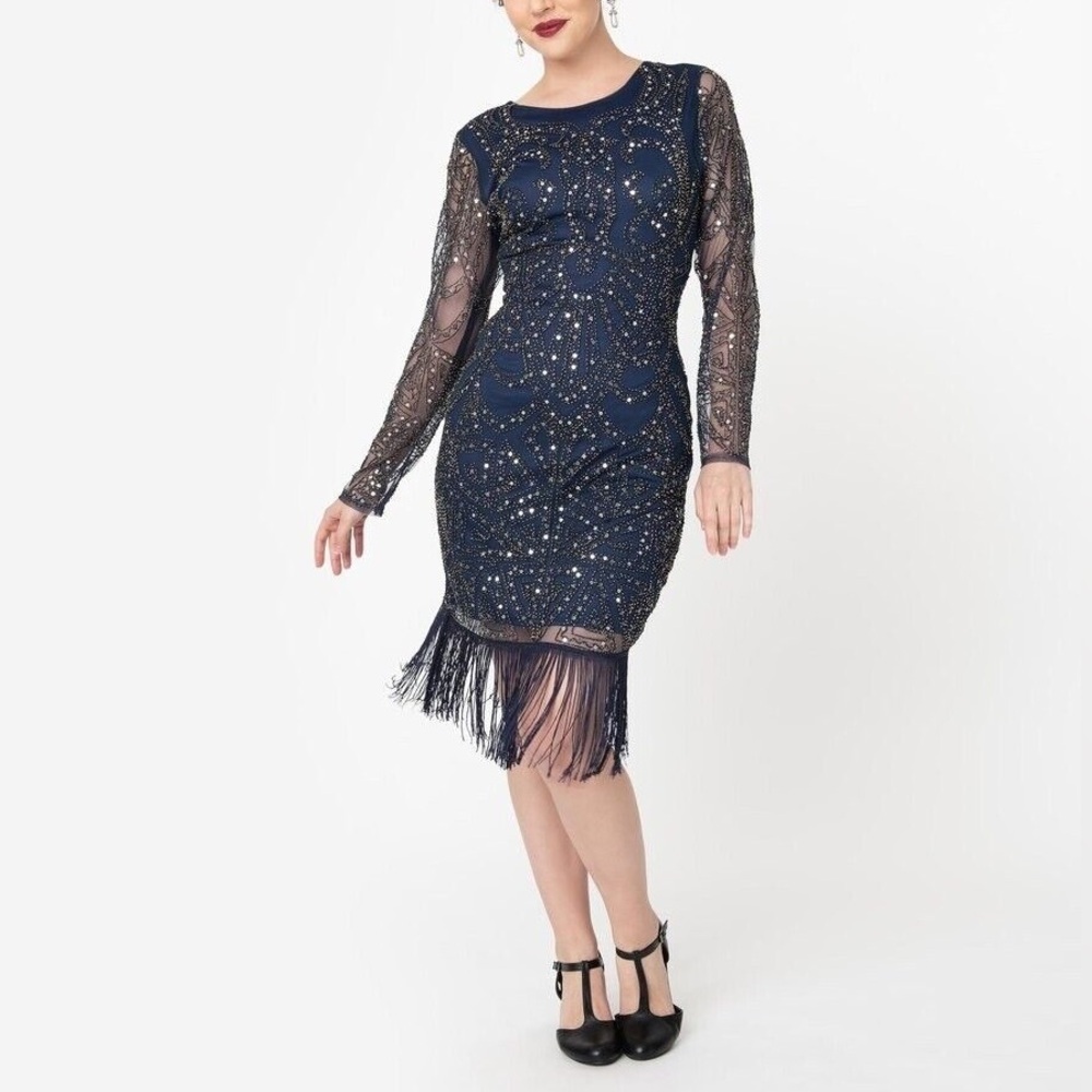 Unique Vintage Stunning Sequined Embroidered Long Sleeve Dress with Fringe 10-12